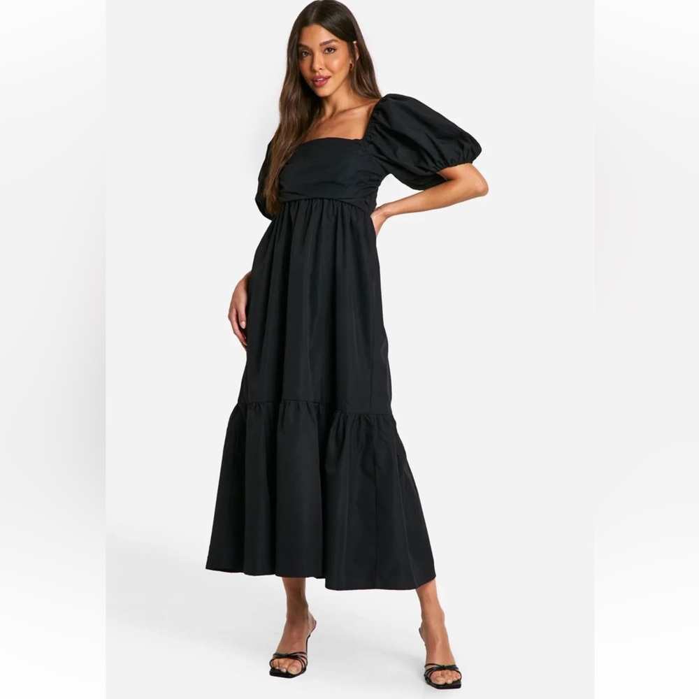 Boohoo Black Smocked Maxi Dress with Puff Sleeves